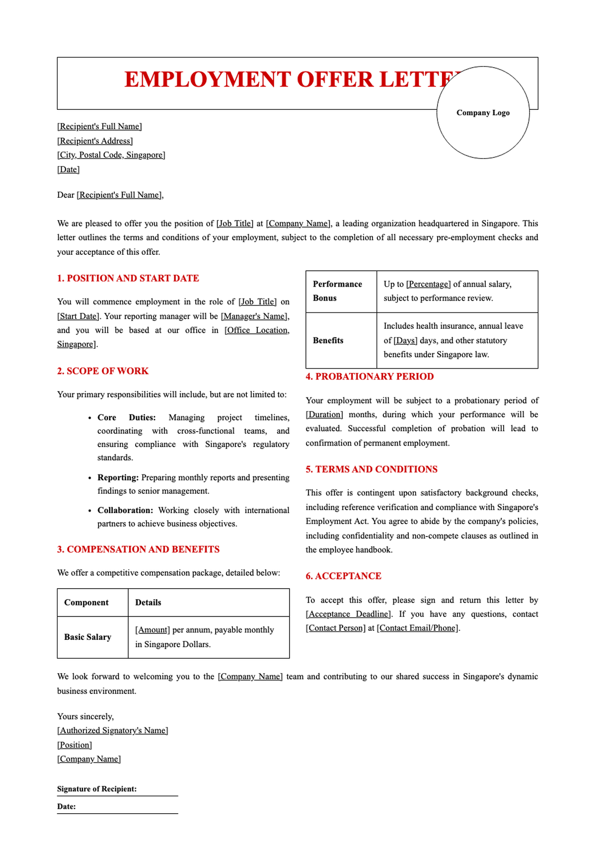 Singapore employment offer letter template with job scope and compensation details_variant_1